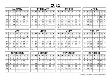 2019 Blank Yearly Calendar Landscape - Free Printable Templates