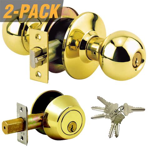 Premier Lock Brass Grade-3 Entry Door Knob Combo Lock Set with Deadbolt and 12 SC1 Keys Total ...