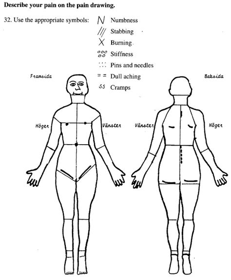 Pain drawing sketch. The pain drawing sketch with its 34 anatomical ...