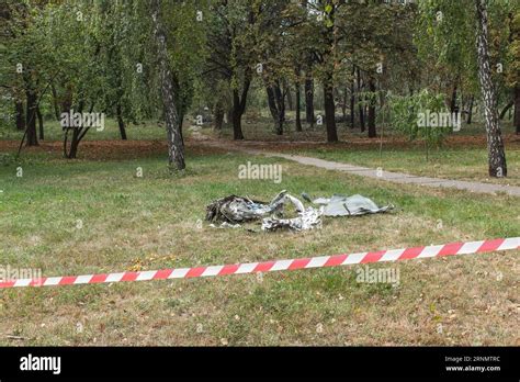 Burnt missile in public park, Kyiv, Ukraine, 2023. Aftermath of air attack on Kyiv. Russian ...