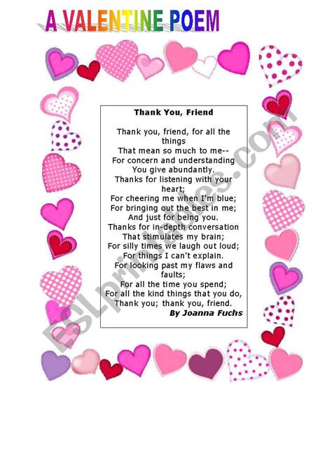 VALENTINE POEM FOR FRIENDSHIP - ESL worksheet by storyteller