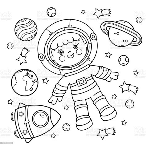 Mewarnai Garis Besar Halaman Seorang Astronot Kartun Dengan Roket Di Luar Angkasa Spaceman Kecil ...