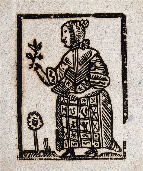 A witch holding a plant in one hand and a fan in the other. Woodcut, ca ...