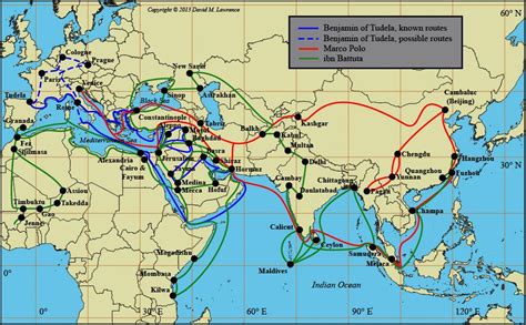 map of Benjamin of Tudela, Marco Polo, and Ibn Battuta's travel paths | Historical geography ...