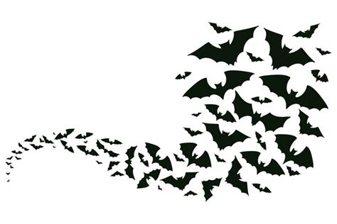 Flying halloween bats silhouettes. Bats flock flying wave, v