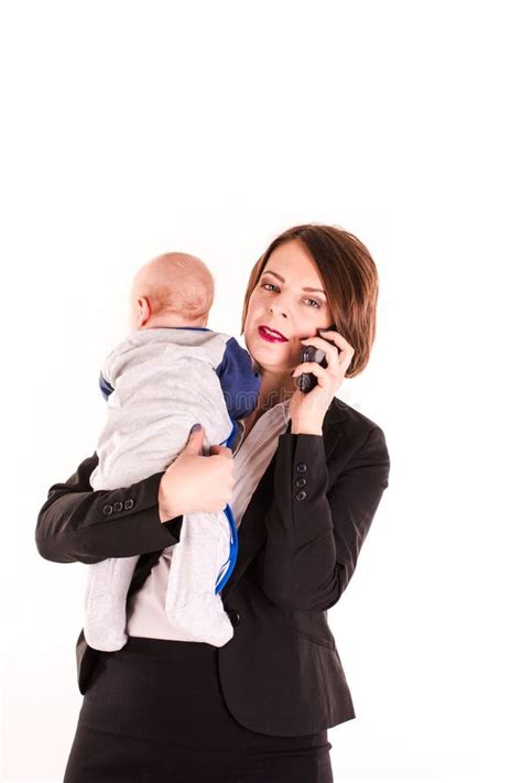 Young Working Mom Carrying Her Baby in One Hand Isolated Stock Photo ...