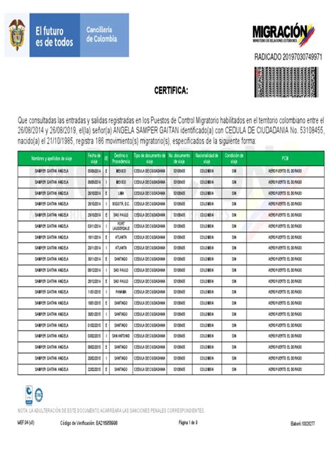 Certificado de Movimientos Migratorios | PDF | Colombia | Bogotá