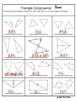 Triangle Congruence Geometry Worksheet - SSS, SAS, ASA, AAS, HL | TPT