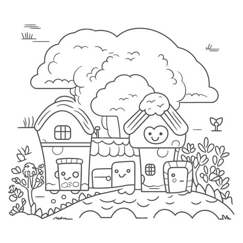 Cute Cartoon Characters With Houses Coloring Page Outline Sketch Drawing Vector, Atmosphere ...