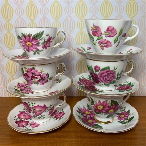 Tea Set for Six Pink Floral Tea Cups and Saucers Mismatched | Etsy