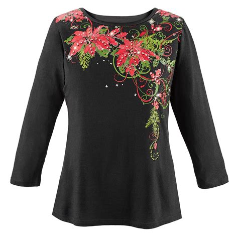 Poinsettia Sequin Christmas Top with 3/4 Sleeves | Collections Etc.