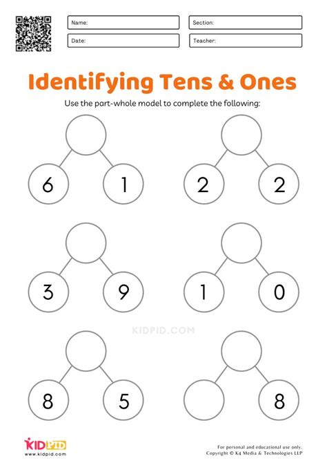 Tens & Ones Part-Whole Model Worksheets for Grade 1 - Kidpid | Tens and ones, Free math ...