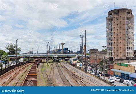 Polluted Industrial City with Its Steel Factory and Smokestacks. in the Foreground a Railroad ...