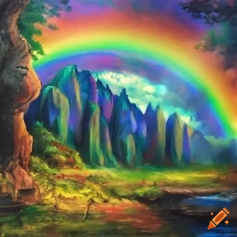 Colorful oil painting of a rainbow over a fictional landscape on Craiyon