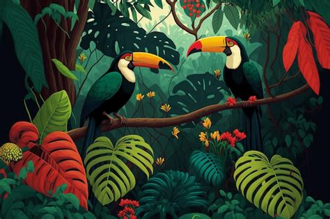 Premium Photo | Illustration of a tropical rainforest with toucans