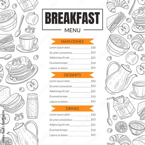 Breakfast Menu Template Design for Restaurant with Hand Drawn Food ...