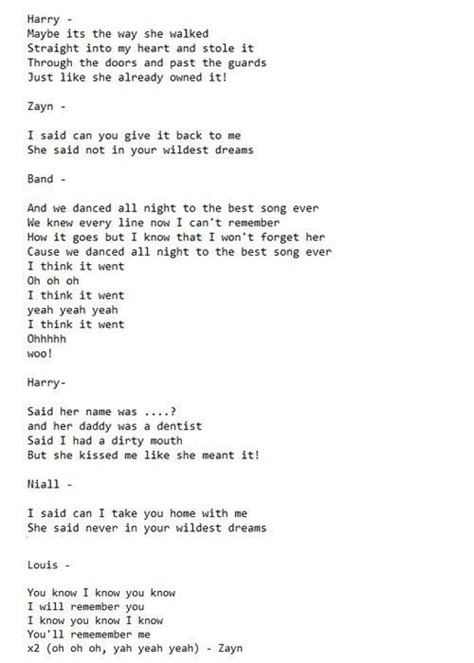 Song Lyrics By One Direction