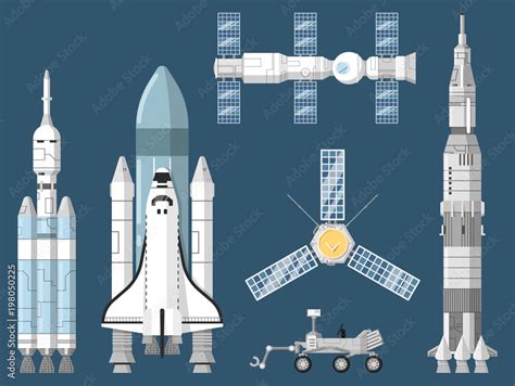 Astronautics and space technology isolated set. Space shuttle, cosmic ...