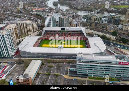 Aerial view of Gtech Community Stadium, home to English Premier League team, Brentford Football ...