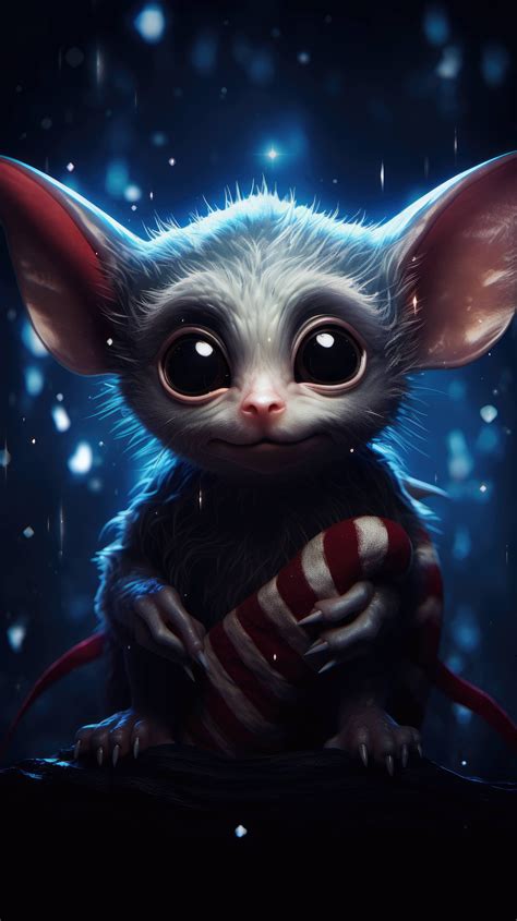 A baby bat with oversized eyes clings to a candy cane, surrounded by a night sky filled with ...