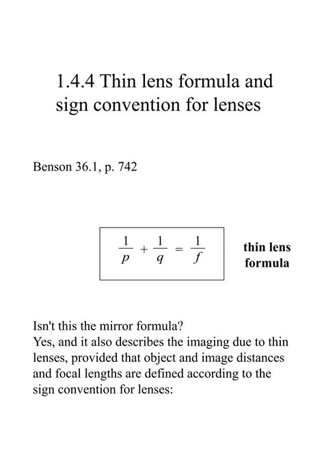 1.4.4 Thin lens formula and sign convention for lenses