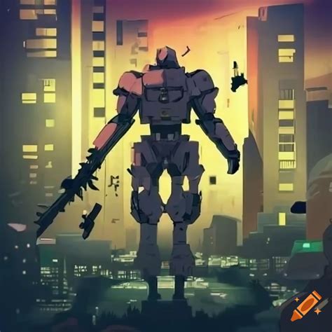 Anime-style mecha soldier standing in a futuristic city on Craiyon