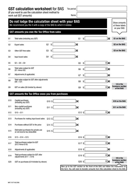 GST Calculation worksheet for BAS - G10 Capital purchases (including ...