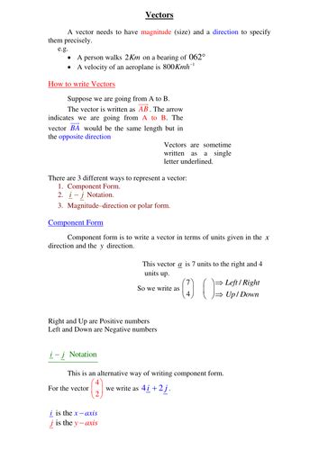 Vectors Definitons and Worked Examples | Teaching Resources