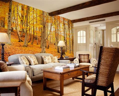 Autumn forest wall mural | Wall decor living room, House design, Room ...