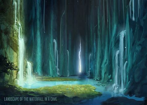 Landscape of the waterfall in a cave & Landscape of the waterfall ...