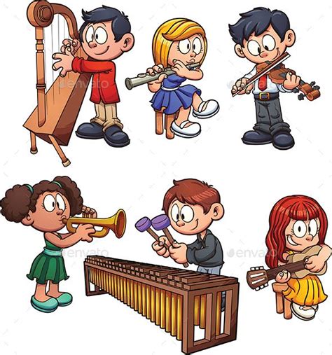 Kids playing musical instruments. Vector clip art illustration with simple gradients. Each on a ...