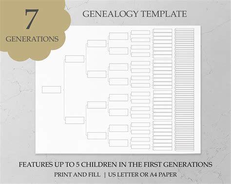 7 Generation Family Tree Template Editable Download Genealogy Worksheet ...