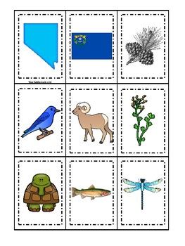 Nevada State Symbols themed Memory Match Game. Preschool Card Game