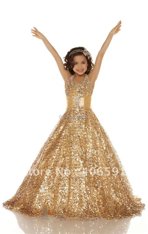 free shipping 2015 new style gold color girls pageant dresses long ...