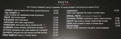 Menu at Primavera restaurant, Gateshead