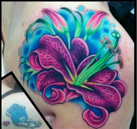 Bright lily tattoo..... Cover up | Purple tattoos, Cover up tattoos ...