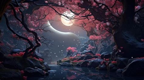 Premium Photo | Moonlight forest landscape wallpaper