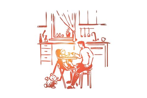 Parent Feeding Child In High Chair With Baby Food Vector, Childhood ...