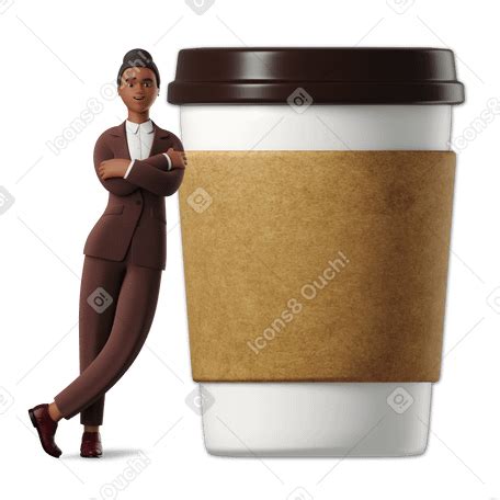 3D Businesswoman leaning on a big coffee to go cup PNG, SVG