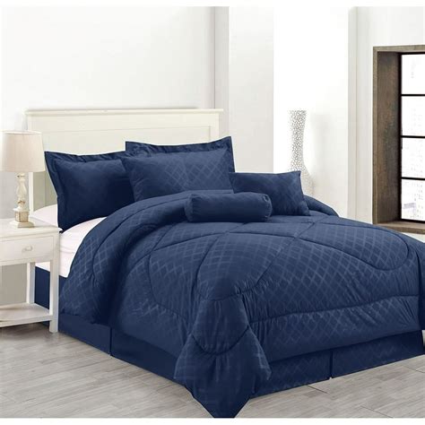 Luxury Hotel Full Size 8-Piece Embossed Solid Over-Sized Comforter Set Bed in A Bag Navy Blue ...