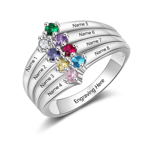 Mothers Birthstone Ring 8 Stones Engraved 8 Names Personalized Custom ...