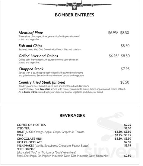 Bomber Restaurant menu in Ypsilanti, Michigan, USA