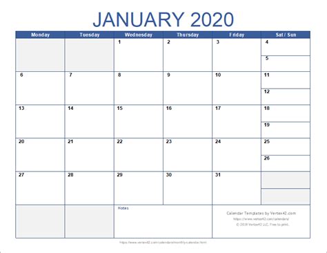 Calendar 2020 Monthly Template