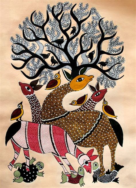 an image of two deers with trees in the background and birds on their backs