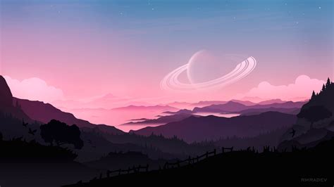 Wallpaper : artwork, digital art, planet, mountains, sunset 2880x1620 ...