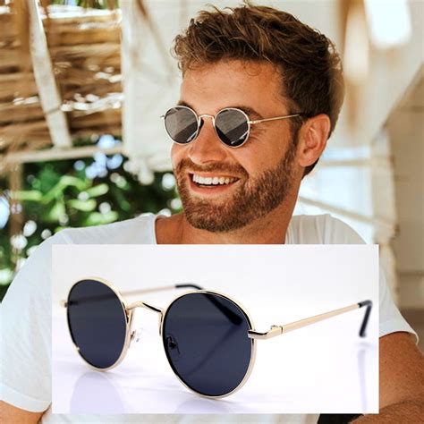 Round oval sunglasses man woman metal gold frame black lens classic ...