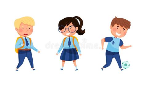 Cute Elementary School Students in Uniform Set. Cheerful Pupils Characters Cartoon Vector ...