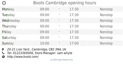 Boots Cambridge opening times, 20-21 Lion Yard