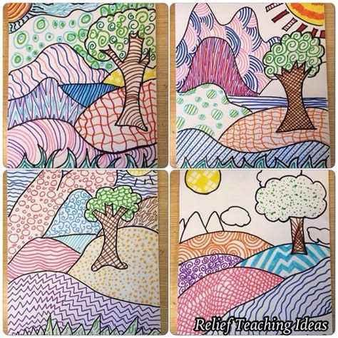 Patterned Landscapes - Art Sub Plan Elementary | Line art lesson, Art ...