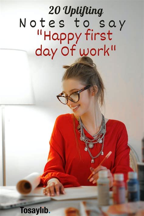 a woman sitting at a desk in front of a laptop computer with the words happy first day of work ...